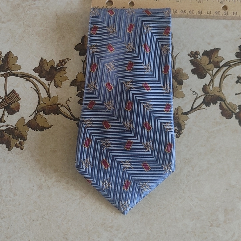 Men's silk tie. Navy blue multi stripe,with red and gold. Robert Talbot